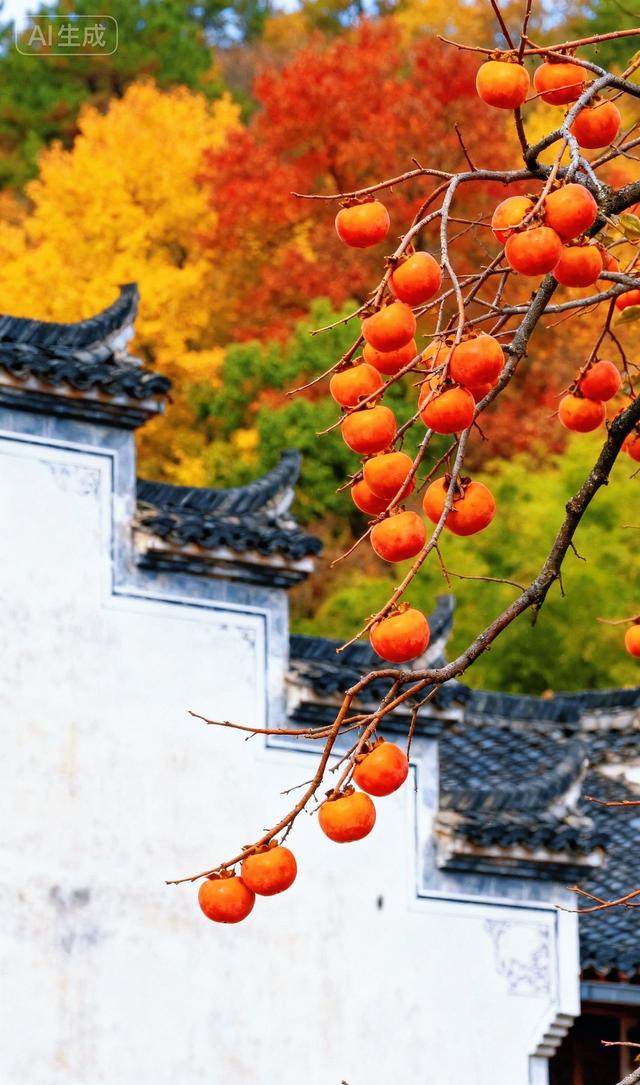 红柿悬枝，秋山染彩