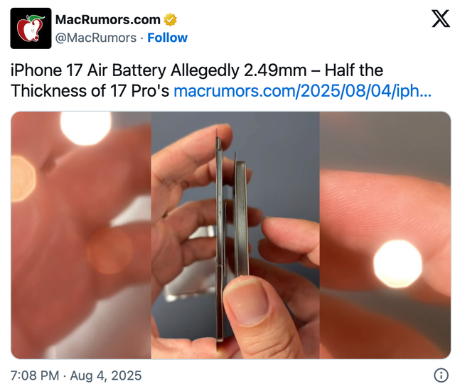 iPhone 17 Air超薄设计曝光：电量感人，续航靠玄学？