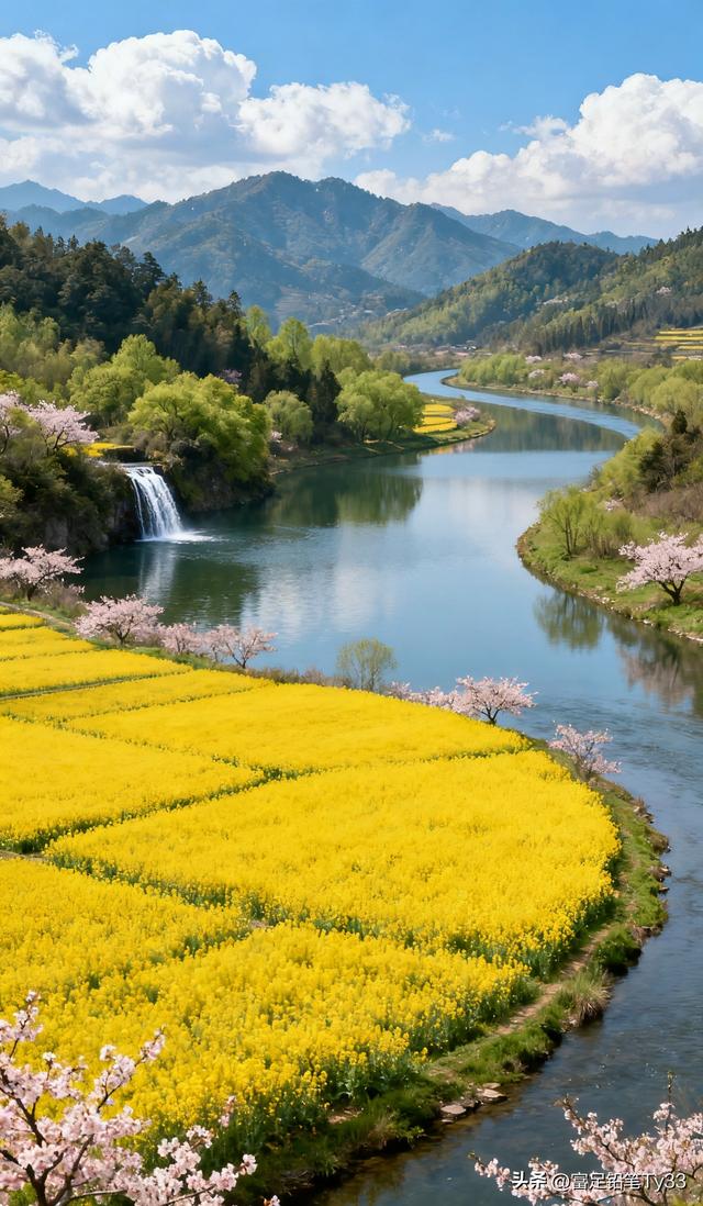 田园铺锦春光灿，花海翻波草色鲜，风拂柳丝摇梦幻斑斓春色醉心间