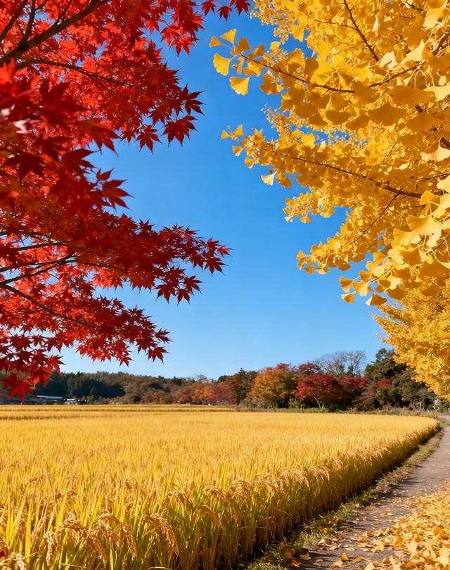 当蓝天撞了枫杏色，稻田就漾开了满季金黄