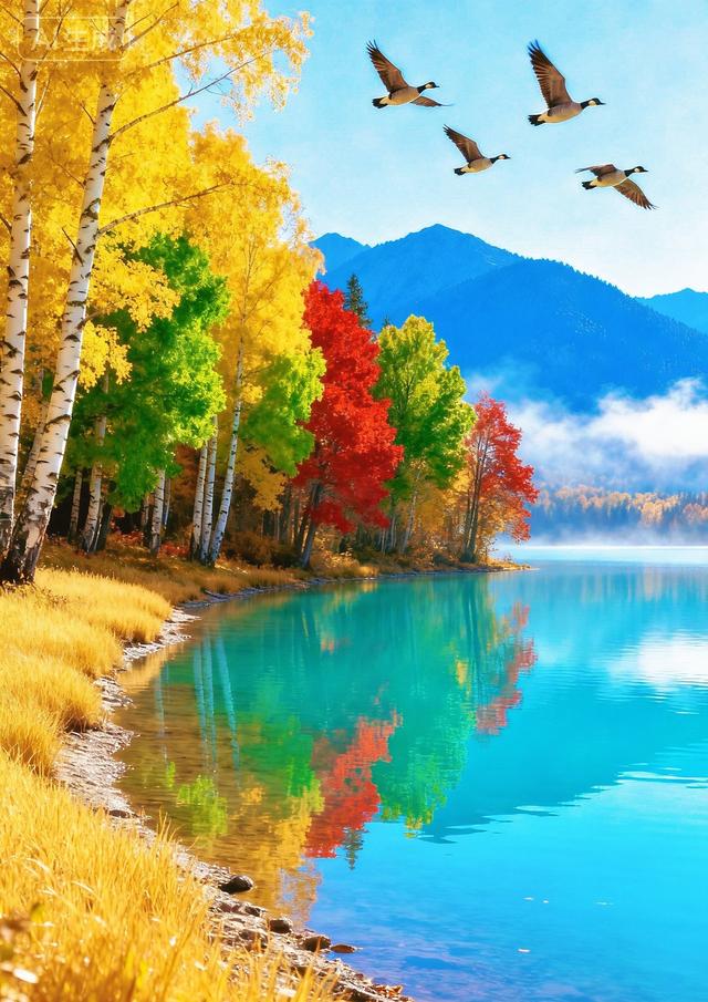 秋日湖泊彩林