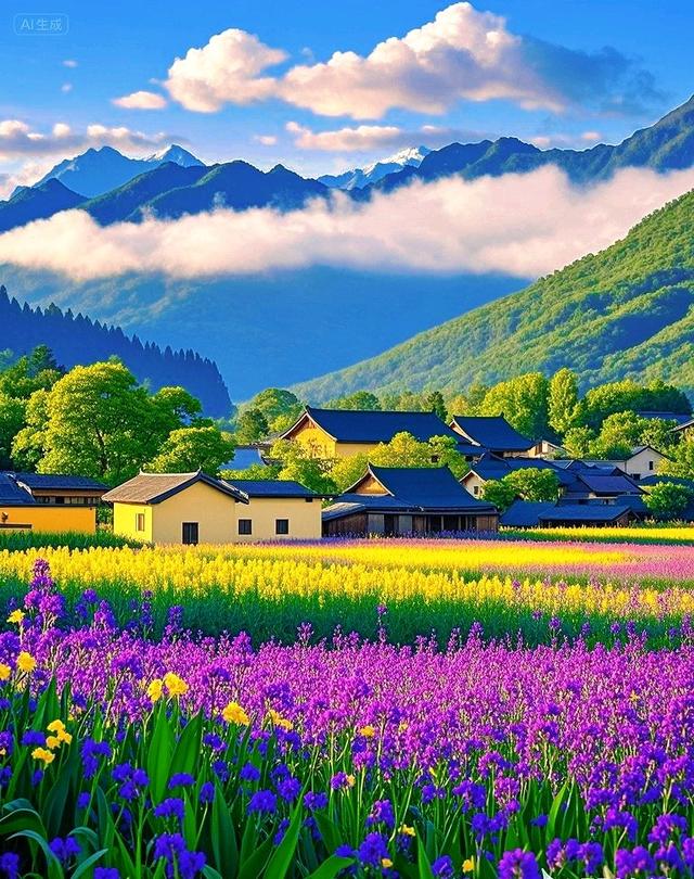 紫色花海、彩色花田、村庄、青山、蓝天，太治愈了
