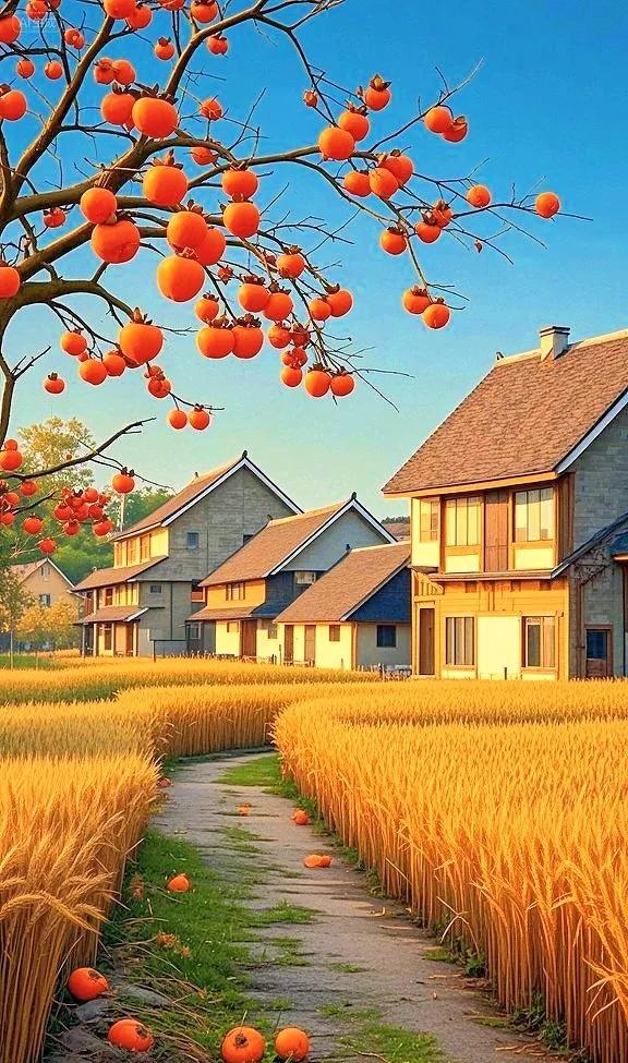 乡村的秋色，金黄麦浪翻涌，红柿枝头添喜，古村静美如画