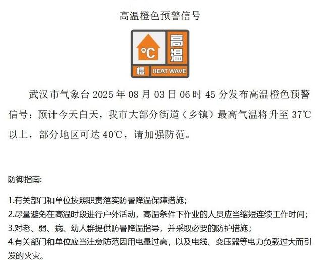 武汉发布橙色高温预警 局地40℃