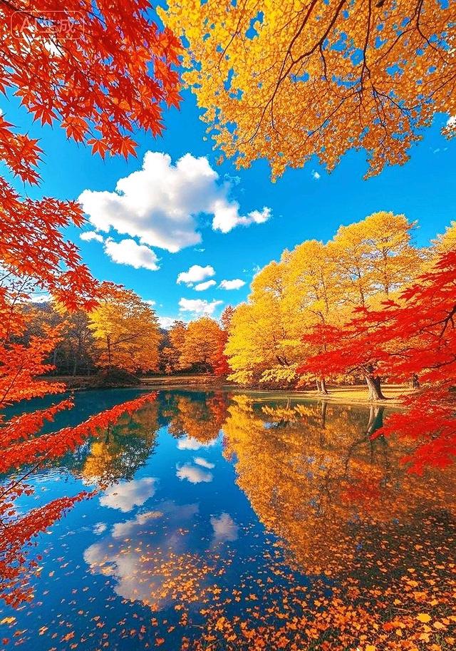 一湖秋韵：红金枫影落清波