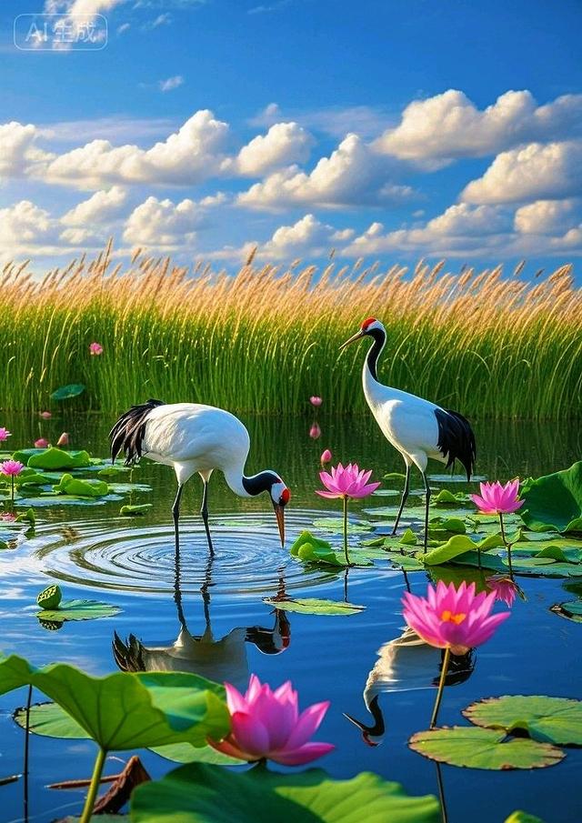 晴云铺绵，碧荷拥莲，双鹤栖塘漾波，天地尽是清灵柔美风光