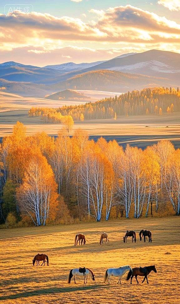 斑斓树影下，秋原里的自在马群