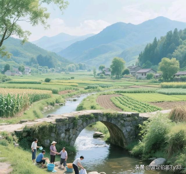 田园诗意生活，石桥下的小溪边，乡亲们忙碌着，享受着自然的美好