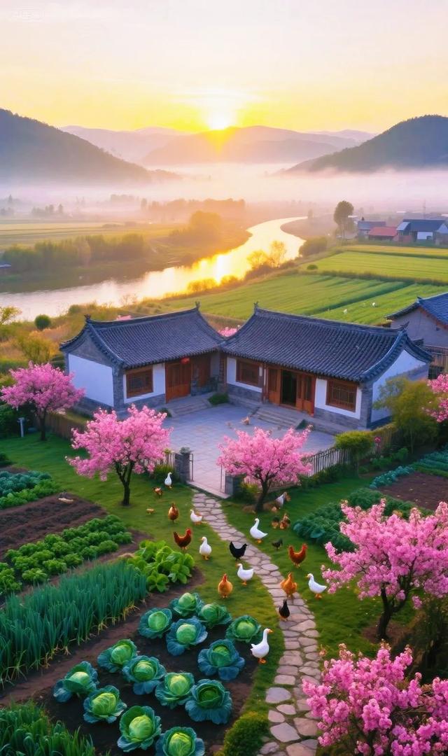 是谁的梦中院子，鸡鸭满园、菜绿花香，远山雾霭超治愈