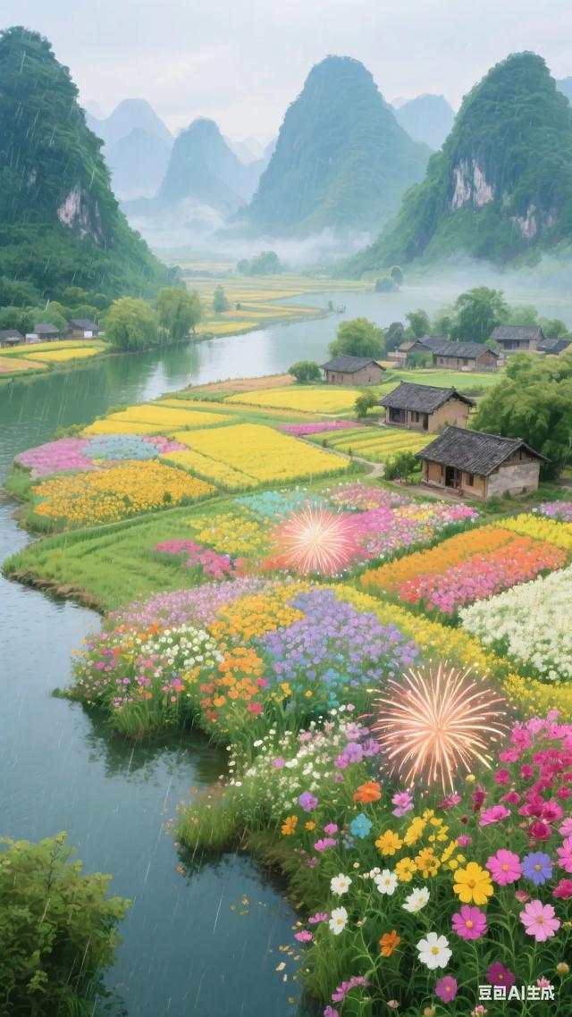 梦幻仙境色彩斑斓的花海与静谧河流相映成趣，仿佛置身于童话世界