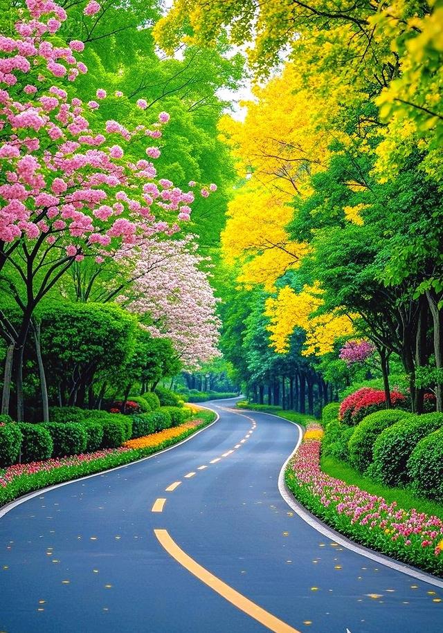 花簇缠林，彩枝垂径，弯路上光影织就满目斑斓画境