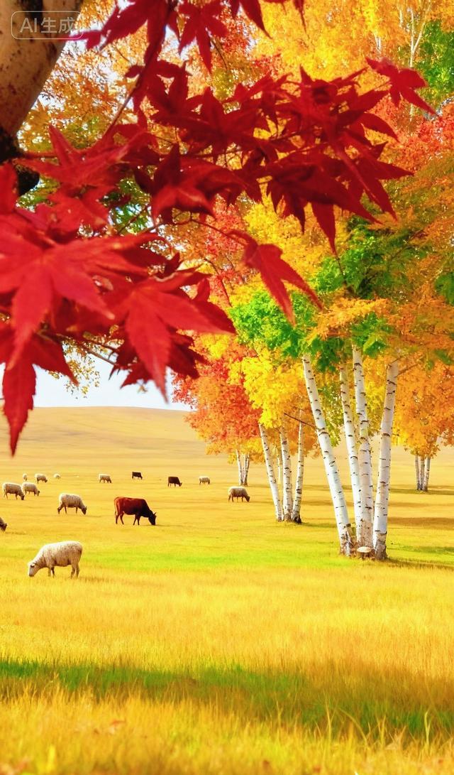 红枫垂帘，牧群踱过金绿原野