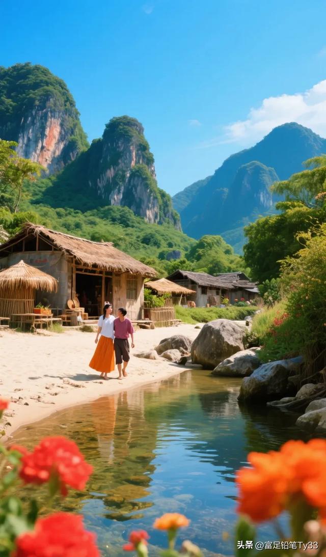 “山间小溪边，情侣漫步，如画美景，心旷神怡”