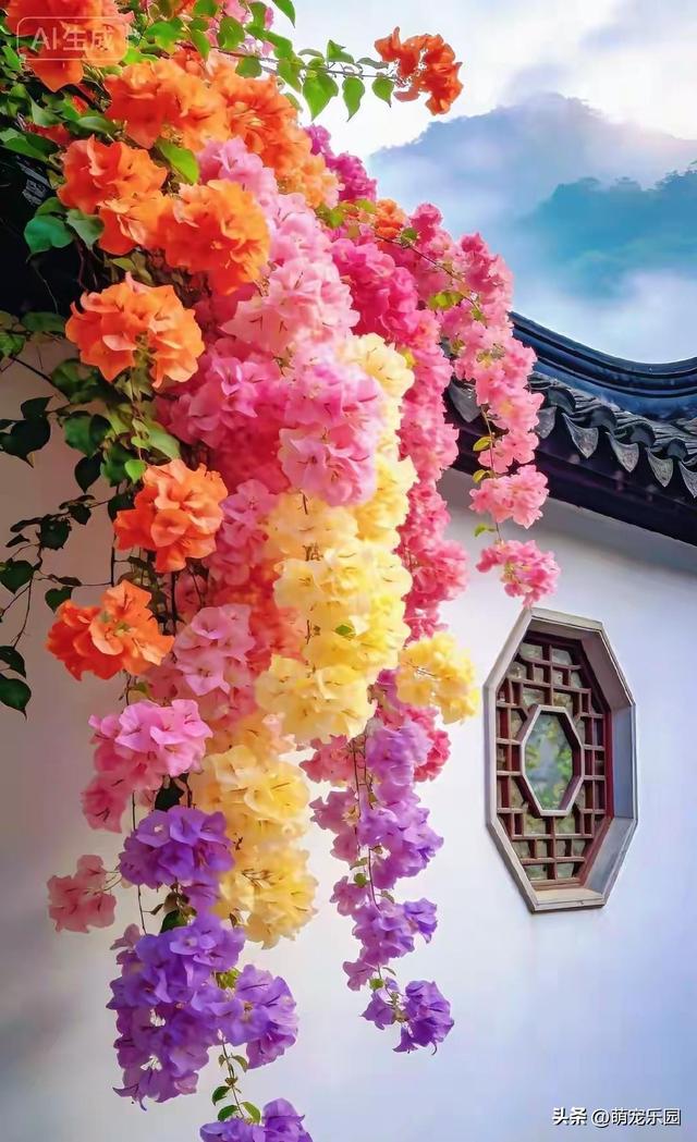 三角梅美得让人窒息，绚烂色彩如彩虹洒落，我完全不敢相信