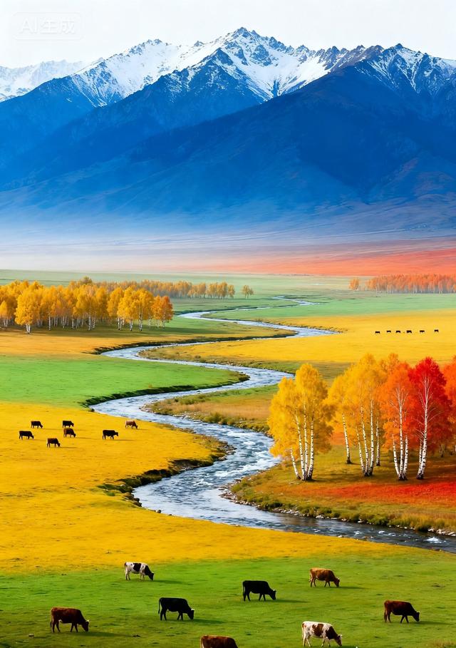 雪山下的秋野牧歌