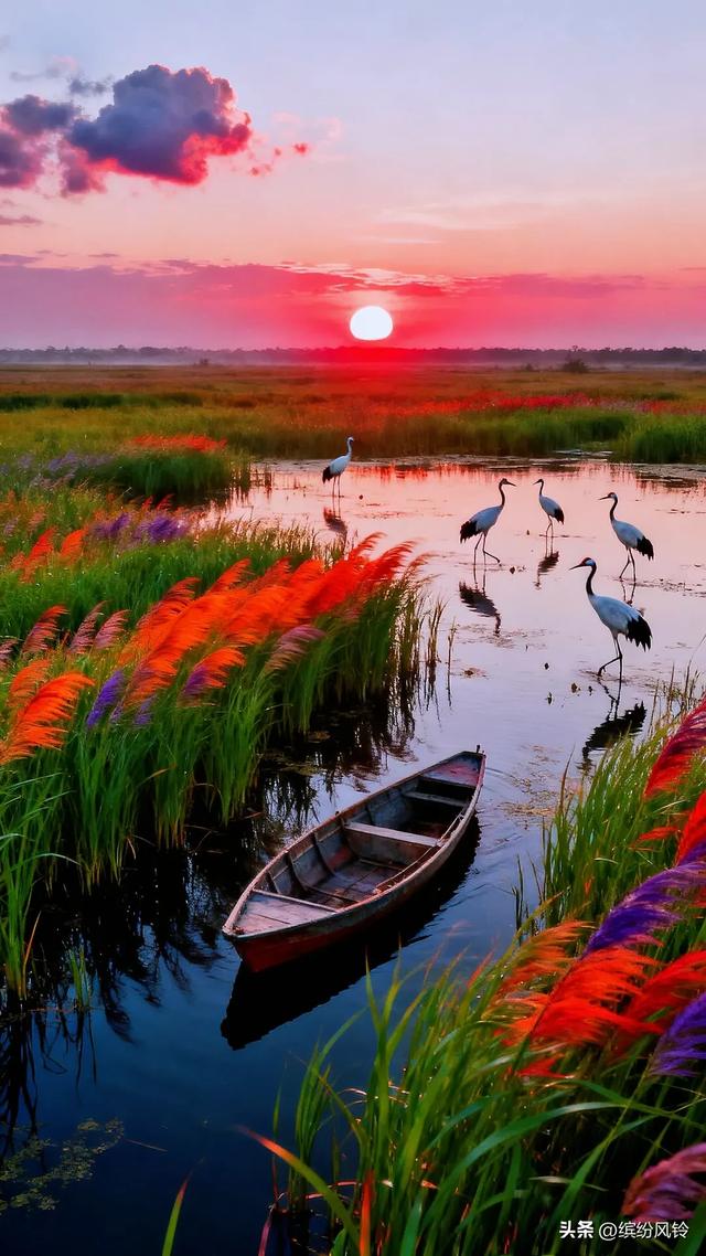 夕阳下的湿地，丹顶鹤在水畔翩跹