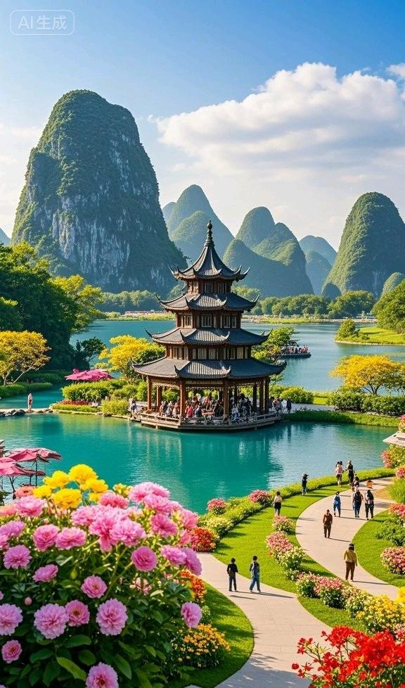 峰翠湖明亭立，花裹晴光，这景美透了