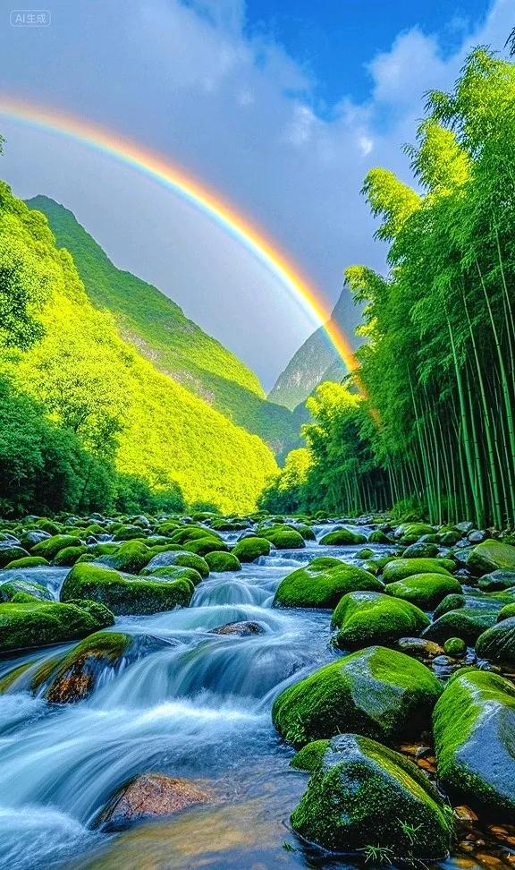 走进翠绿竹林，邂逅潺潺溪流与梦幻彩虹 ，心都被这方天地治愈啦~