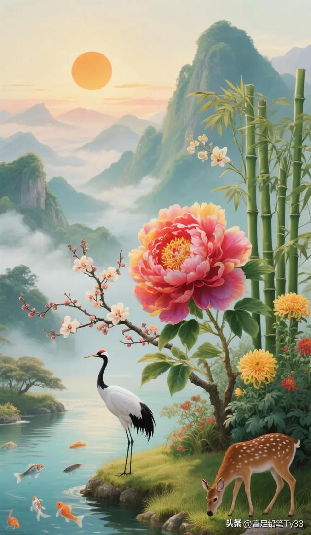 仙境般的自然风光，白鹤与鹿的和谐共处，令人心旷神怡！