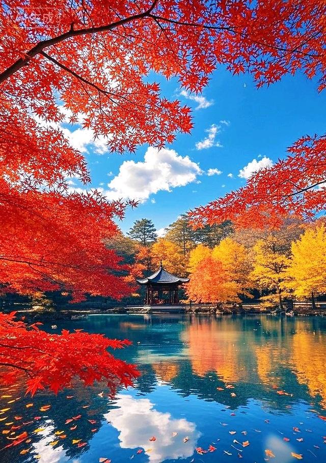 一湖秋韵：红金枫影落清波