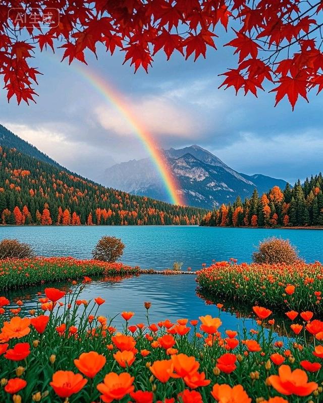 彩虹染秋林，花海醉湖山