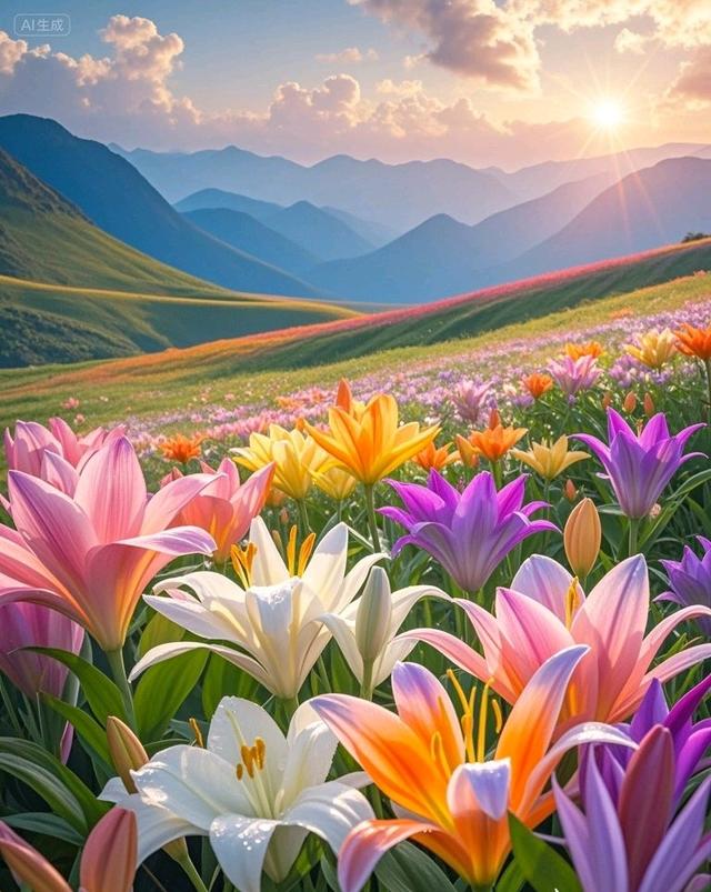 日出洒百合花海，远山相伴，太美了