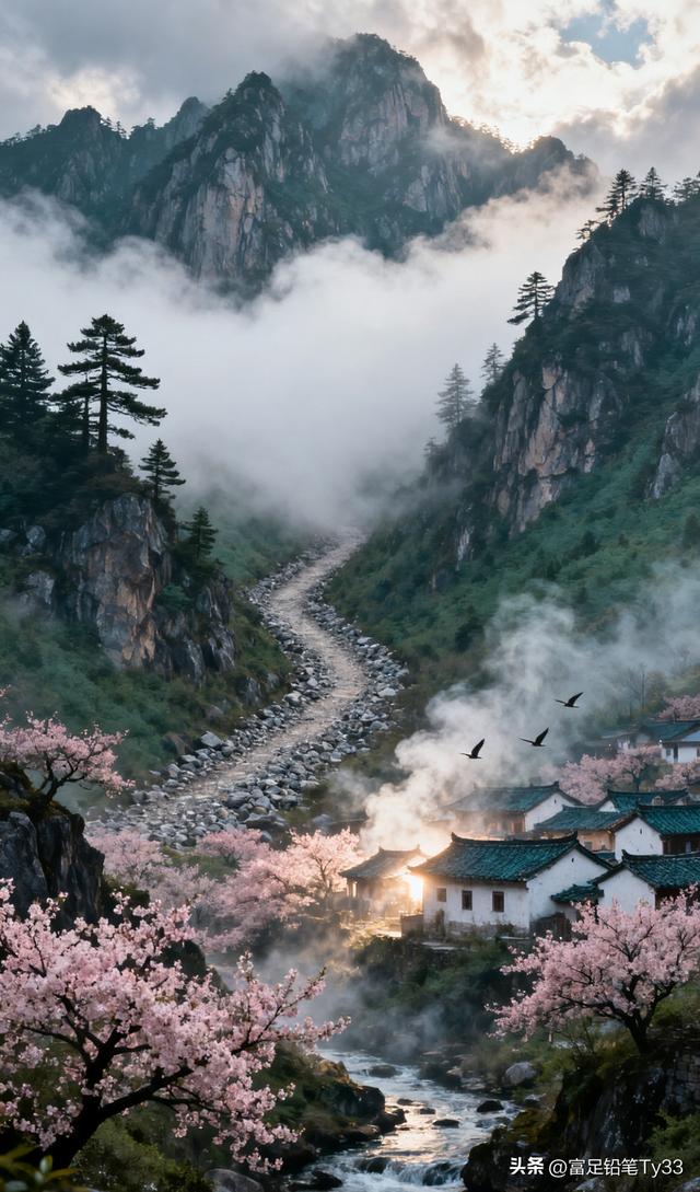 云雾缭绕的世外桃源，粉嫩樱花映衬古村落，仙境般的宁静与美丽！