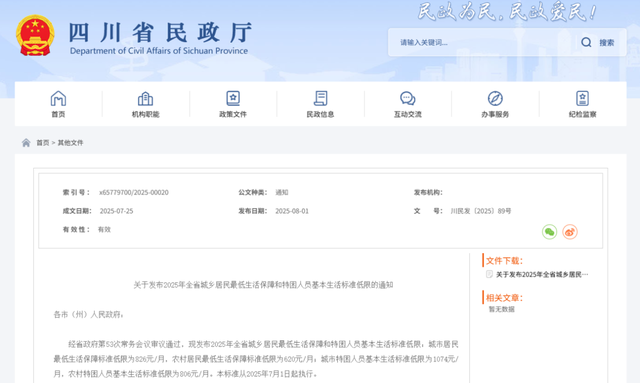 2025年四川城乡居民低保标准发布