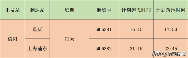 信阳明港机场“上海⇋信阳⇋重庆”航线将执行新时刻
