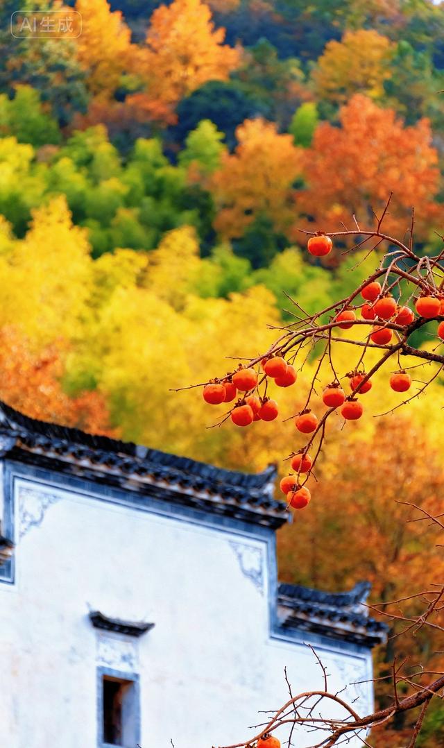 红柿悬枝，秋山染彩