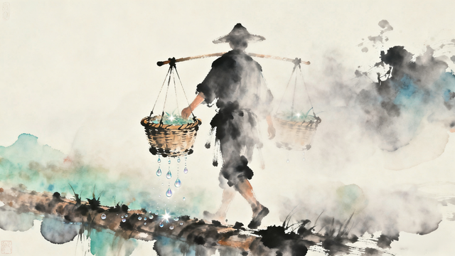 晨雾缭绕，远处的村庄若隐若现，如梦似幻