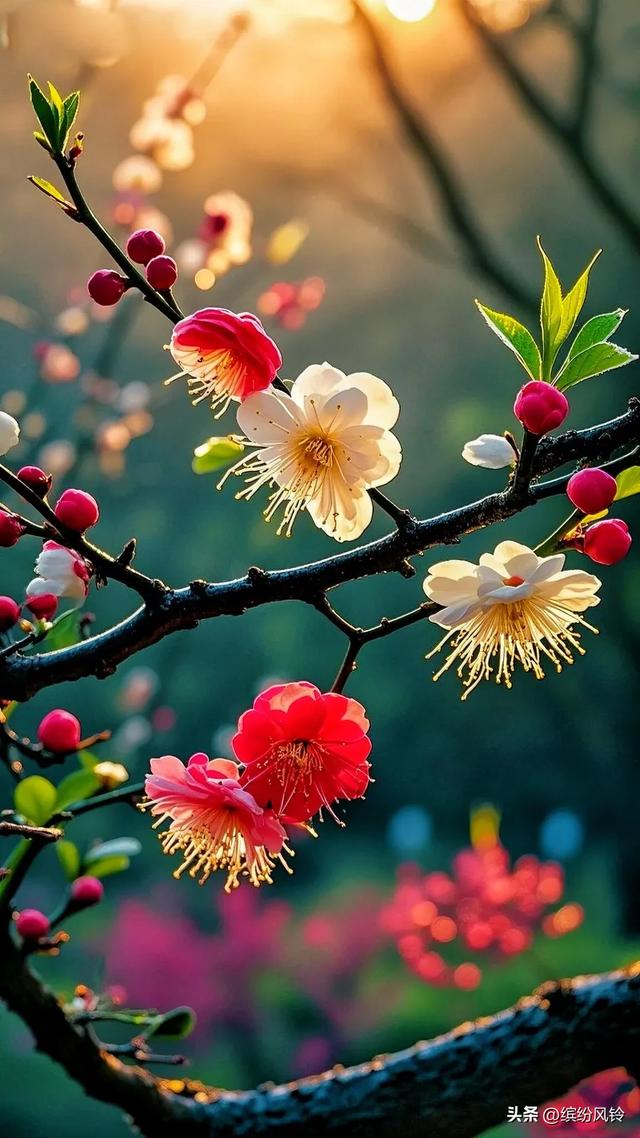 晨雾裹着金芒漫过梅枝