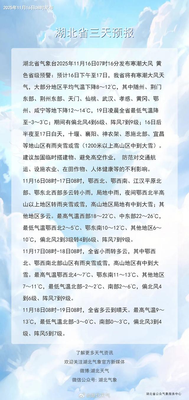 一夜狂降15℃，雨夹雪	、大雪，明日抵达湖北