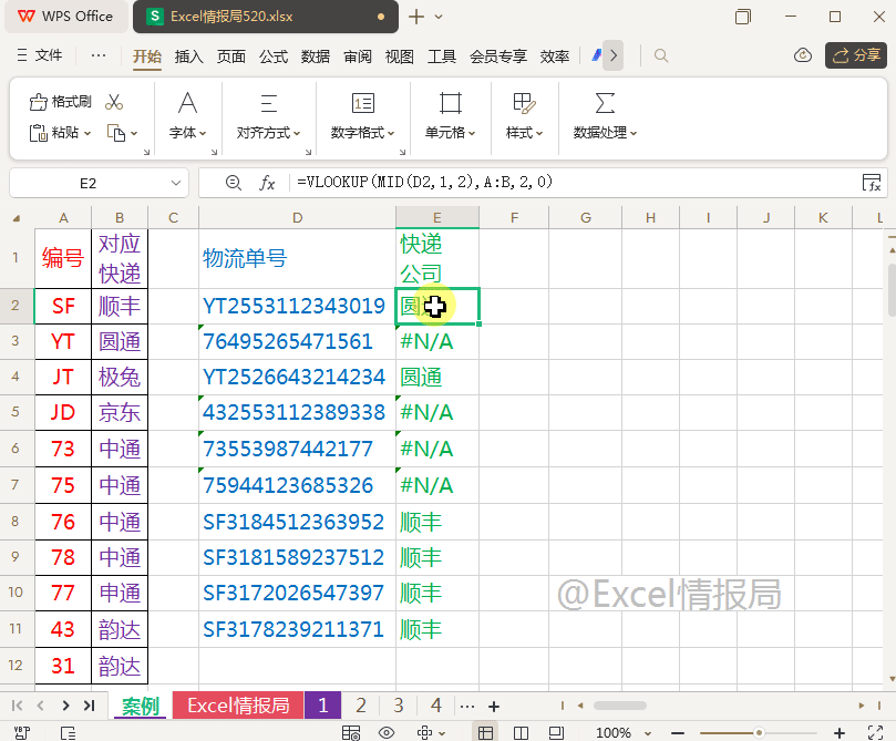 vlookup+mid+iferror函数，根据物流单号填写快递公司