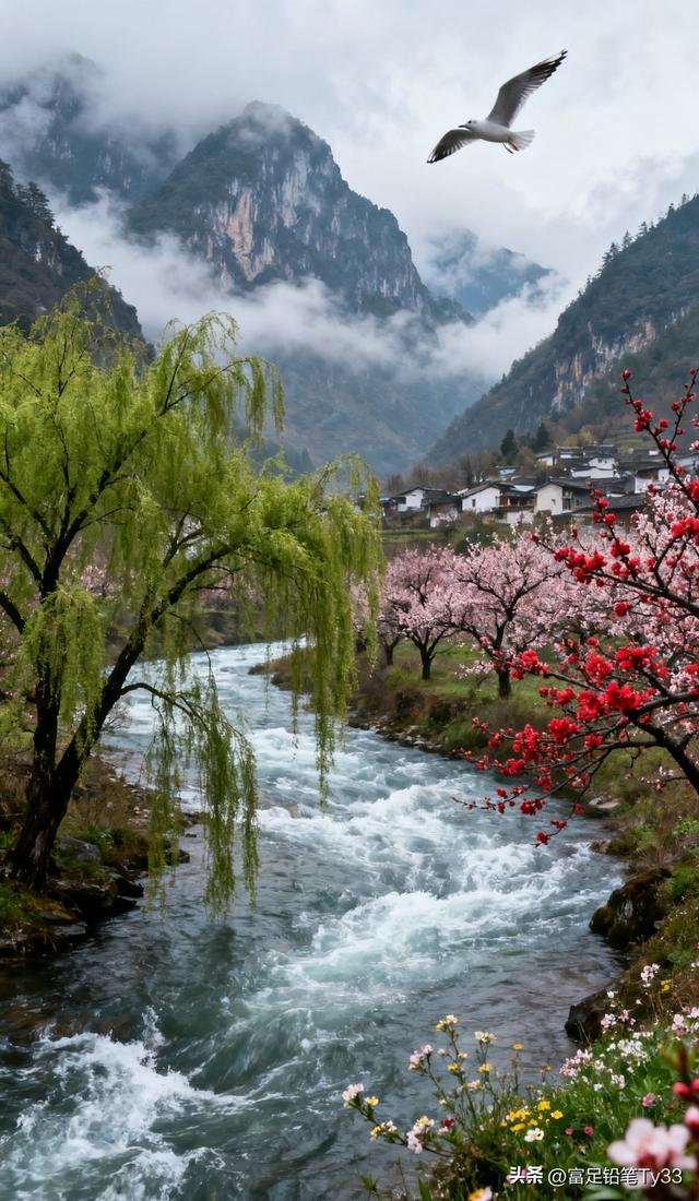 春日山川粉樱绽，飞鸟掠晴空，静谧融画里，风拂暗香浓，意无穷！