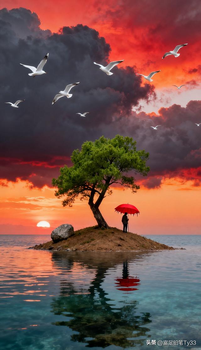 “海边孤树下的浪漫日落，撑伞人儿静享时光！”