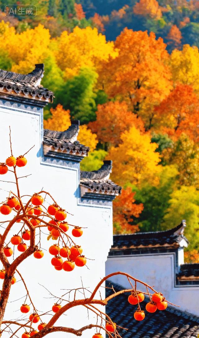 红柿悬枝，秋山染彩