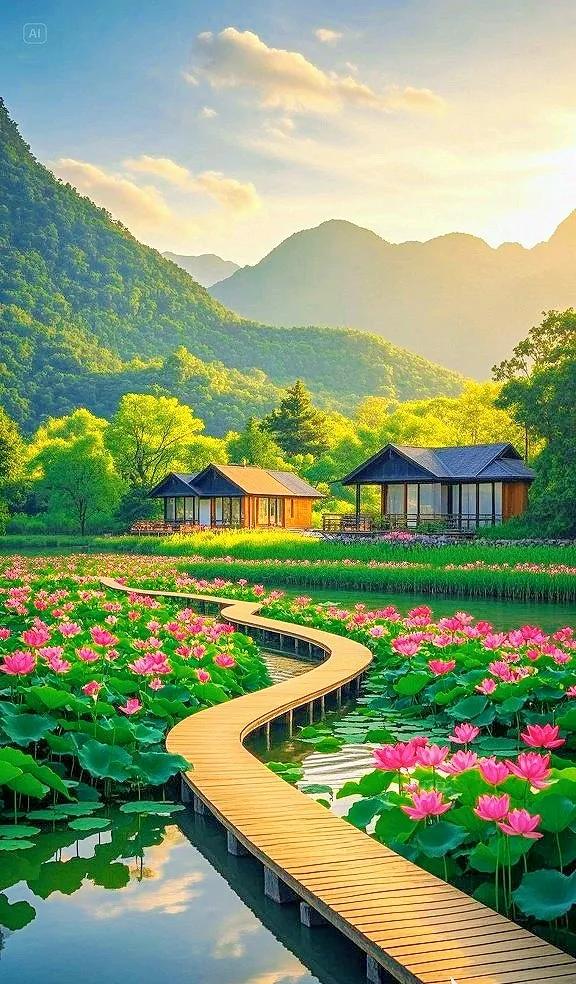 青山碧水间，荷花盛放，来赴一场自然之约