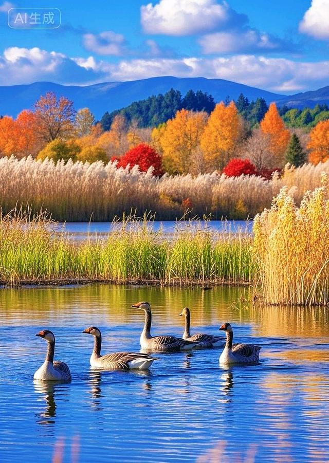 秋湖漾金波，灰雁悠然游，彩林裹暖光，好治愈～