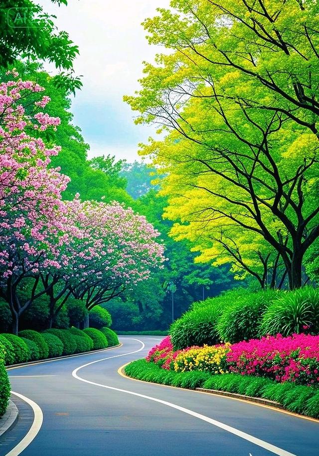 花簇缠林，彩枝垂径，弯路上光影织就满目斑斓画境