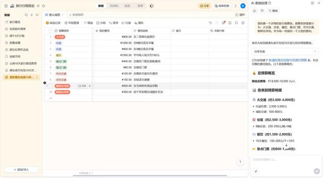 云南10天自由行愁规划？钉钉AI表格出马，路线预算行李全拿捏