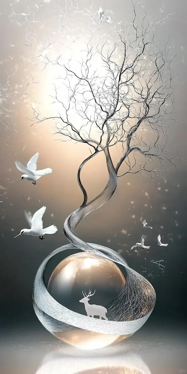 梦幻森林中的鹿与树，静谧而神秘