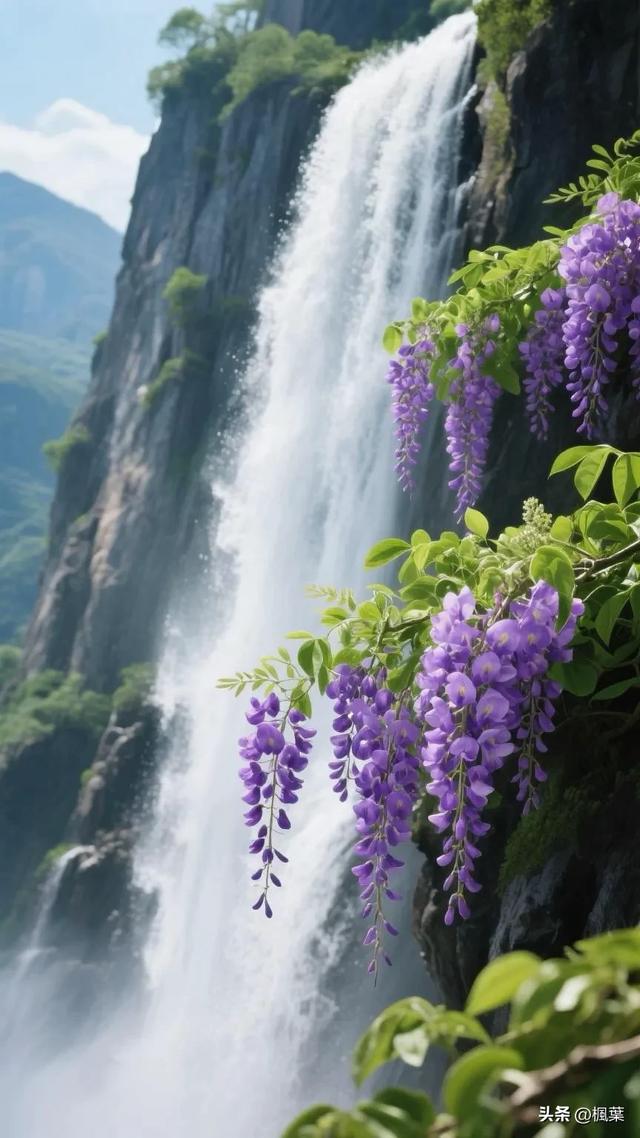 悬崖峭壁瀑布坠下紫藤花盛开，风过时、花影轻摇水声依旧。
