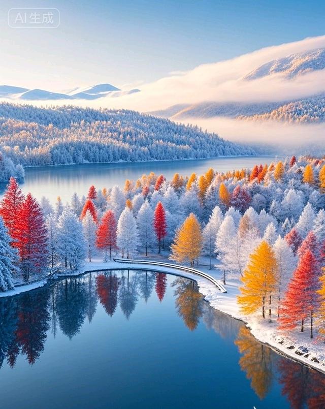 雪山彩林映湖光，一半秋意一半冬