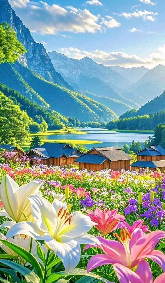 湖光山色相伴，百合花繁花似锦，这般景色，实在怡人