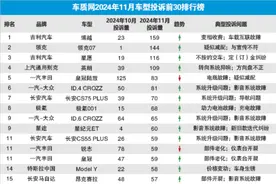 11月汽车投诉排行榜，博越“第一”、天籁第19、荣放第21名图片