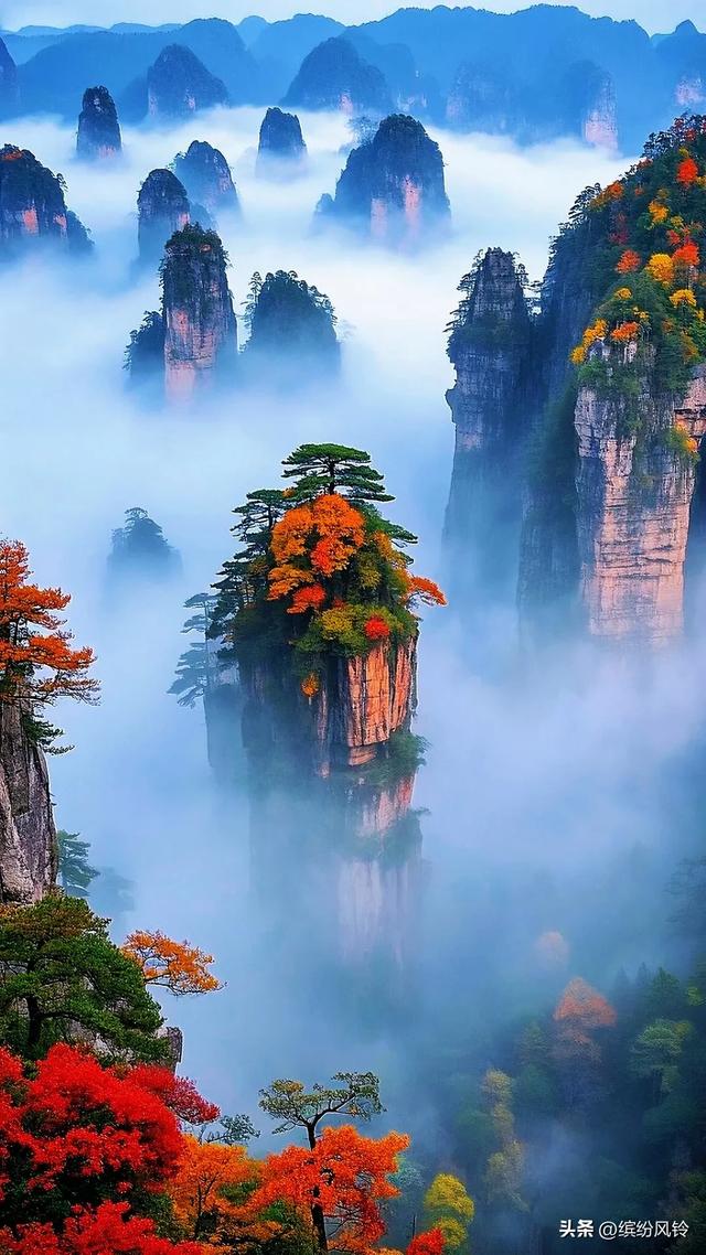 云雾若轻纱，缠绕于嶙峋石柱之间