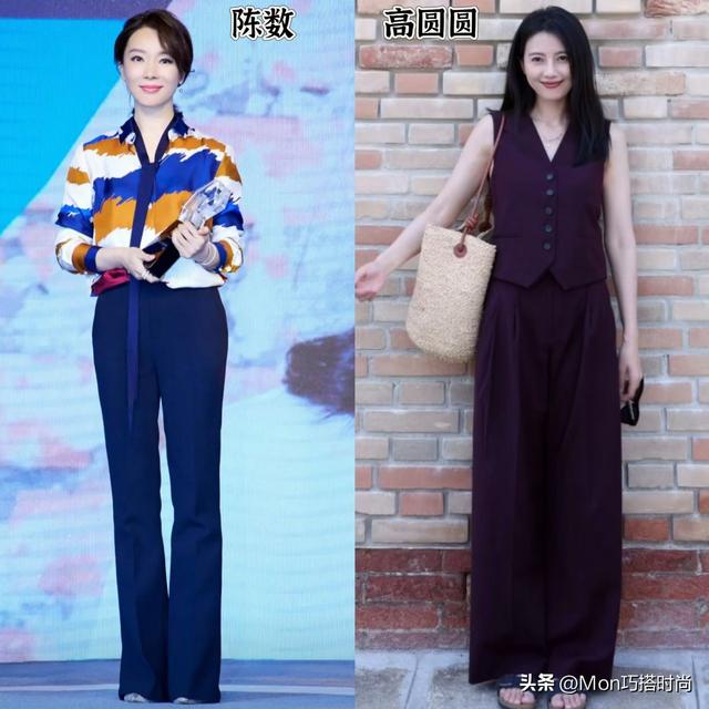 “阔腿裤”下面尽量少配运动鞋，瞧陈数、高圆圆这样穿，洋气显高
