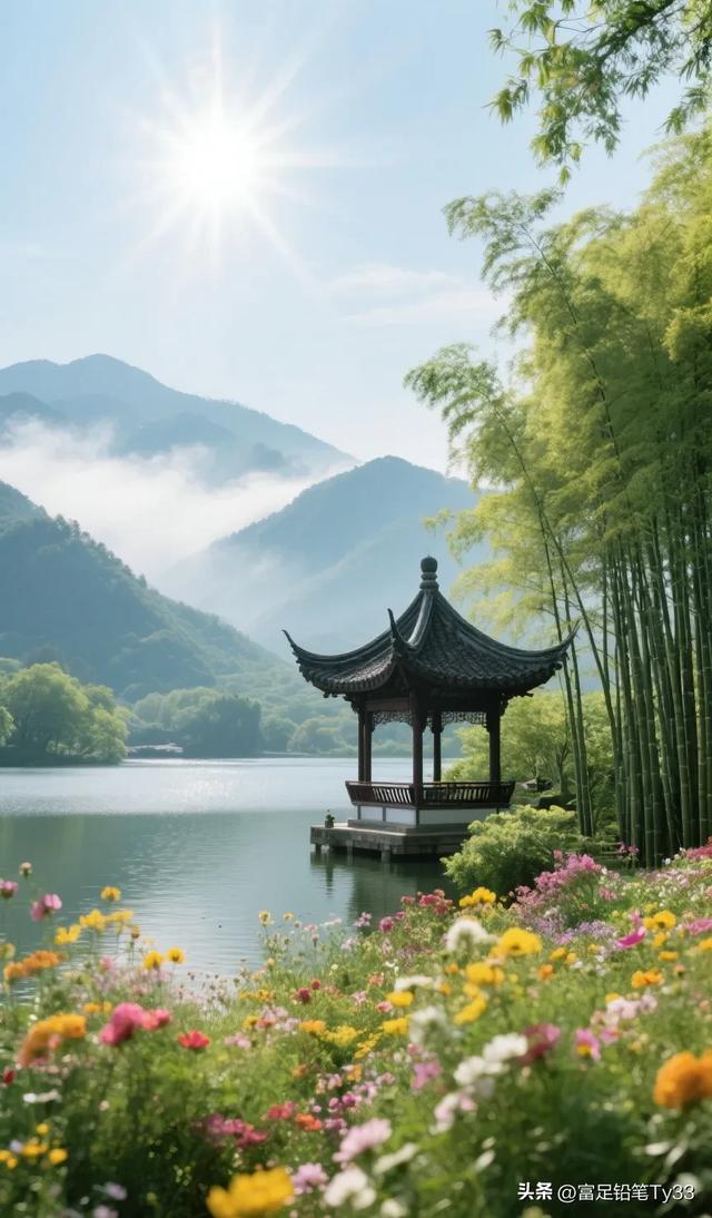 静谧湖畔，古风亭台，花海映日，人间仙境！