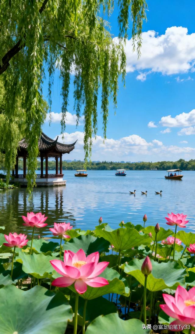 粉荷映日开 游船漾碧波 夏日荷塘醉心怀
